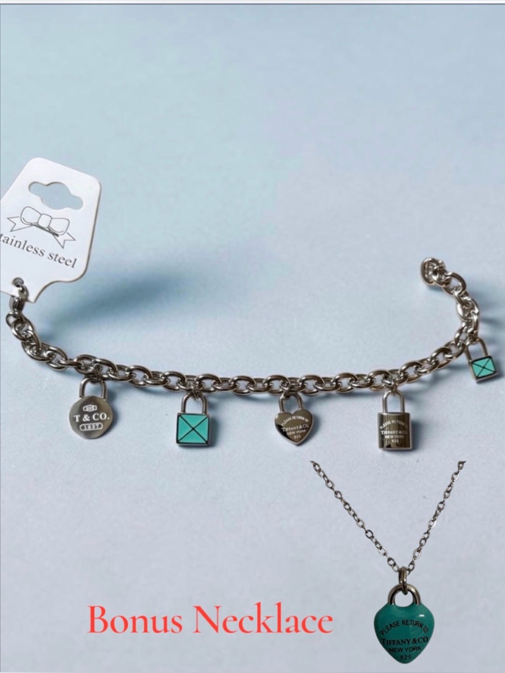 Stainless Steel Charm Bracelet with Turquoise Accents